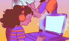 An illustration of a child wearing headphones and using a laptop.