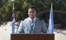 Tuvalu foreign minister Simon Kofe addressing the COP27 climate summit.