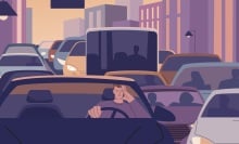 An illustration of a man looking annoyed as he sits in car traffic.