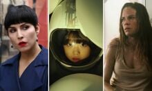 A woman with short brown hair against a cityscape, a young child in an astronaut helmet, and a woman looking exhausted and dirty form a triptych.