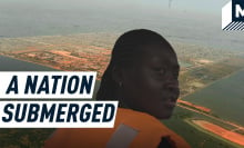 An image of Wendy Ahonda in a life jacket juxtaposed with an aerial shot of a submerged area in South Sudan