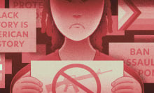 An illustration of a frowning person holding an anti-gun violence protest sign. Behind them are numerous other signs symbolizing other social justice causes. 