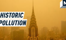 Aerial shot of the Empire State Building vailed in a cloud of yellow-ish smoke. Caption reads: historic pollution