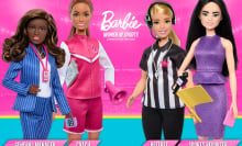 General manager, coach, referee, and sports reporter barbies on a pink and blue background.