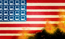 An illustration of an American flag. The stars are replaced by white computer monitors and the bottom right corner is on fire.