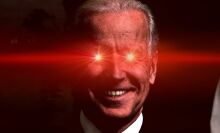 Joe Biden with red laser pointing out of his eyes.