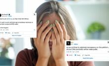 Woman receiving bad news overlayed with tweets from Elon Musk and his company X