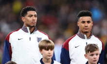 Jude Bellingham and Ollie Watkins of England line up