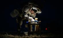 NASA astronaut Kate Rubins on a simulated moonwalk in May 2024.