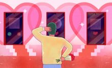 illustration of man looking at dating app screens