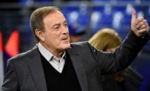 Television broadcaster Al Michaels looks on prior to the game between the Baltimore Ravens and the New England Patriots at M&T Bank Stadium.