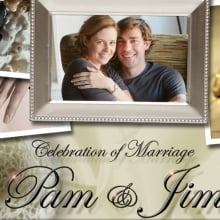 A screenshot of Jim Halpert and Pam Beesly's wedding website homepage from "The Office." It features an engagement photo of them surrounded by three wedding-related stock photos and reads "Celebration of Marriage Pam & Jim."