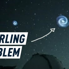 Picture of the swirling spiral in the night sky passing over the Subaru Telescope. Caption reads: "Swirling problem"