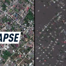 Satellite images show a piece of land before and after the flood caused by the dam's collapse.