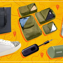 An illustration of various travel items, including July's Carry All Tote and Packing Cells, Twelve South's AirFly wireless adapter, Sunnystep's Elevate Sneakers, the Sonos Roam, and Belkin's Boostcharge Magnetic Wireless Power Bank 5K + Stand.