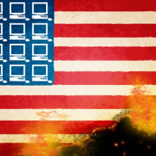 An illustration of an American flag. The stars are replaced by white computer monitors and the bottom right corner is on fire.