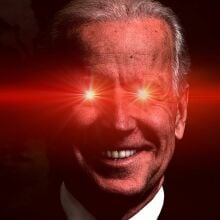 Joe Biden with red laser pointing out of his eyes.