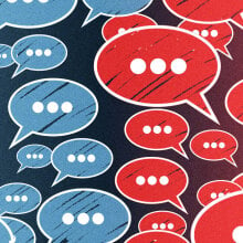 Speech bubbles colored red and blue float next to each other. 