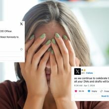 Woman receiving bad news overlayed with tweets from Elon Musk and his company X