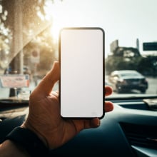 A hand holding an iPhone over a car dashboard.