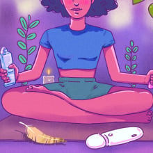 Illustration of a Black woman sitting with crossed legs, surrounded by sex toys, incense, a mirror. 