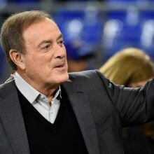 Television broadcaster Al Michaels looks on prior to the game between the Baltimore Ravens and the New England Patriots at M&T Bank Stadium.