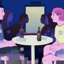 two people sitting across from each other at speed dating, pixels dissolving at the bottom of their bodies