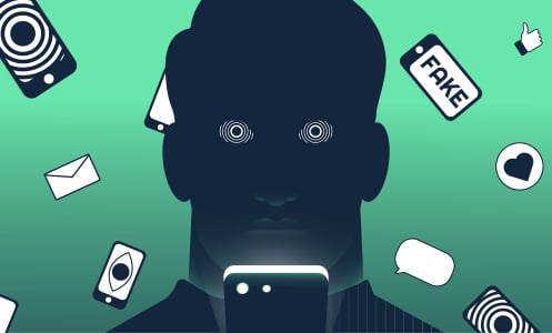 An illustration shows the silhouette of a man hypnotised by his phone. Around him, the background is full of smartphones with bright screens reading FAKE, thumbs up and heart reactions, chat and email inboxes.