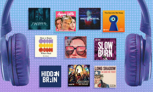 Headphones surround the thumbnail logos of the best podcasts of 2024. 