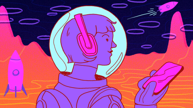 A woman astronaut listens to a podcast out in space.