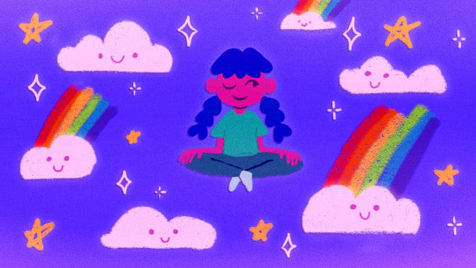 A girl meditating amidst clouds and rainbows.