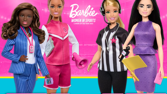 General manager, coach, referee, and sports reporter barbies on a pink and blue background.