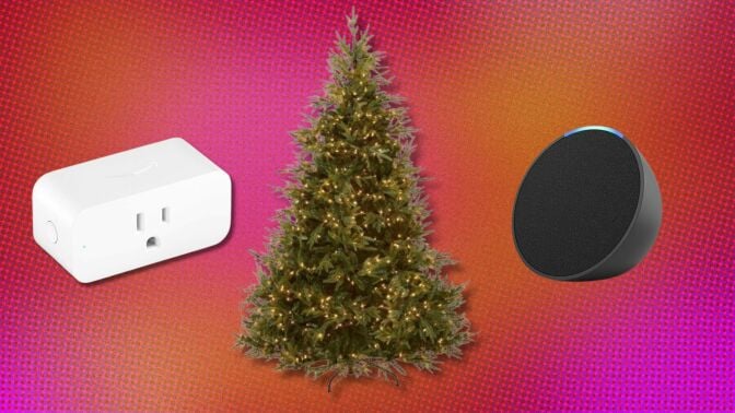 a pre-lit holiday tree sits between an amazon echo pop smart speaker and a smart plug