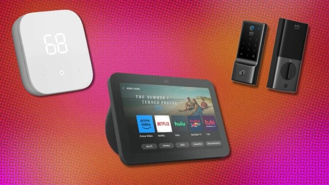 a smart thermostat, echo show 8, and a smart lock sit on a pink background