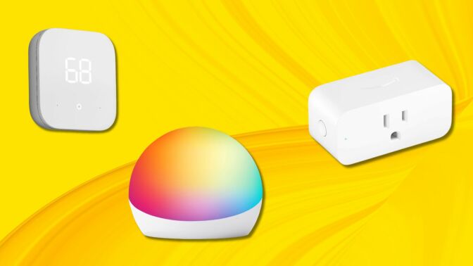 Amazon smart home devices agaisnt a yellow abstract background