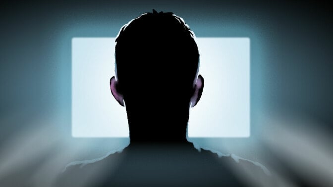 Seen from behind, an illustrated man looks at a glowing computer screen.