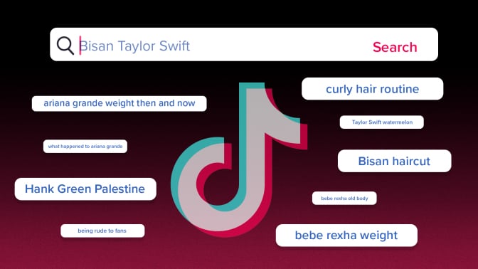 The TikTok logo surrounded by various search bar queries like "Bisan Taylor Swift" and "Curly Hair Routine". 