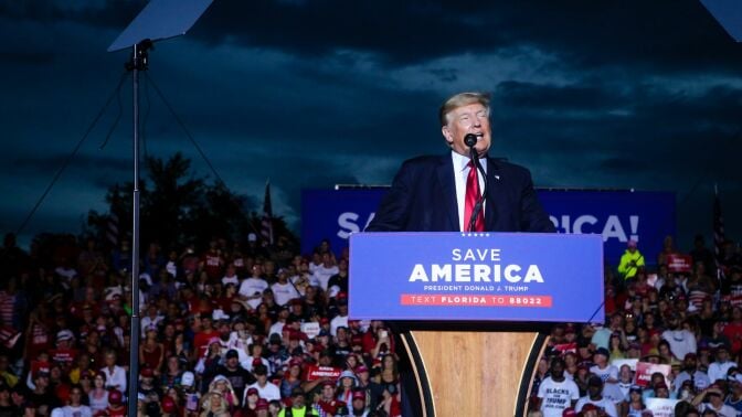 Former U.S. President Donald Trump speaks during a rally on July 3, 2021 in Sarasota, Florida.