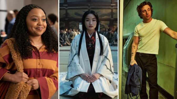 A composite image of Quinta Brunson in "Abbott Elementary," Anna Sawa in "Shogun," and Jeremy Allen White in "The Bear."