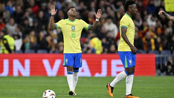 Rodrygo Goes of Brazil celebrates after scoring