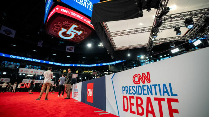 People mingle in the CNN Spin Room ahead of a CNN Presidential Debate on June 27, 2024 in Atlanta, Georgia