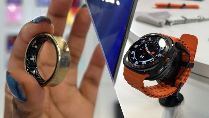 Split image of a Galaxy Ring and Galaxy Watch Ultra