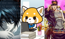 Three anime stills: a closeup of a pale young man, a red panda working at an office desk, and a very muscular man striking a pose