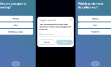 screenshots for eharmony 'Who are you open to meeting?' page; 'Suggest a gender' page; and 'Which gender best describes you?' page