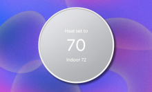 Google Smart Thermostat on abstract purple background 