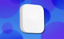 Amazon Smart Thermostat on blue and purple abstract background