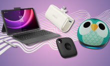 Lenovo tablet, Anker charger, Tile Mate, and Echo Dot Kids with purple background