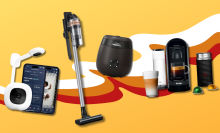 Nanit baby monitor, Samsung vacuum, Thermacell mosquito repellant, and Nespresso VertuoPlus with yellow striped background