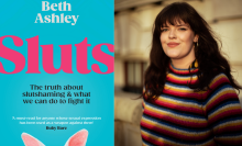 A photo composite showing the front cover of Sluts by Beth Ashley, which features the word 'Sluts' in fuschia pink on a turquoise background. On the right: a headshot of Beth Ashley, wearing a stripy multi-coloured sweater. 