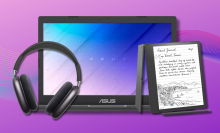 AirPods Max, Asus laptop, and Kindle Scribe with purple background